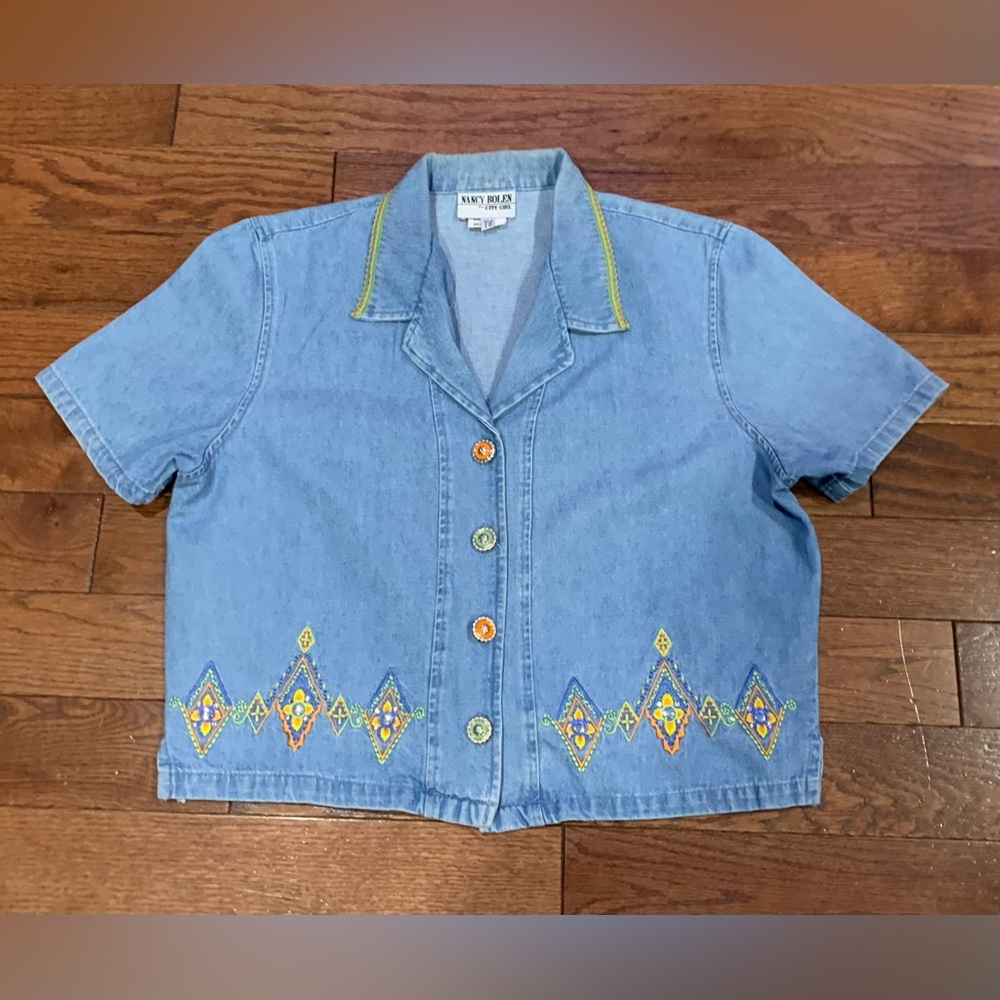 Nancy Bolen Vintage USA‎ Boho Embroidered Denim Top Size 12